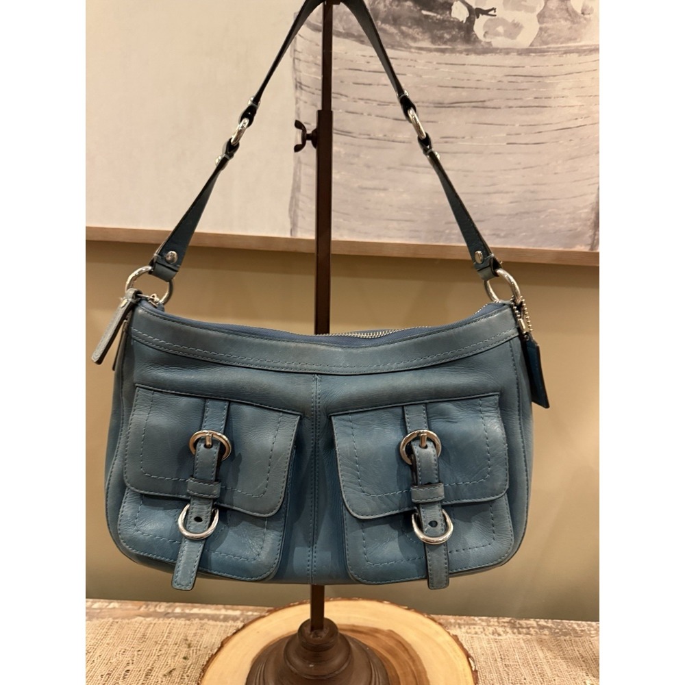 Vintage Y2K Coach Leather Chelsea flap pocket Shoulder Bag turquoise RARE F14014 - Picture 5 of 16